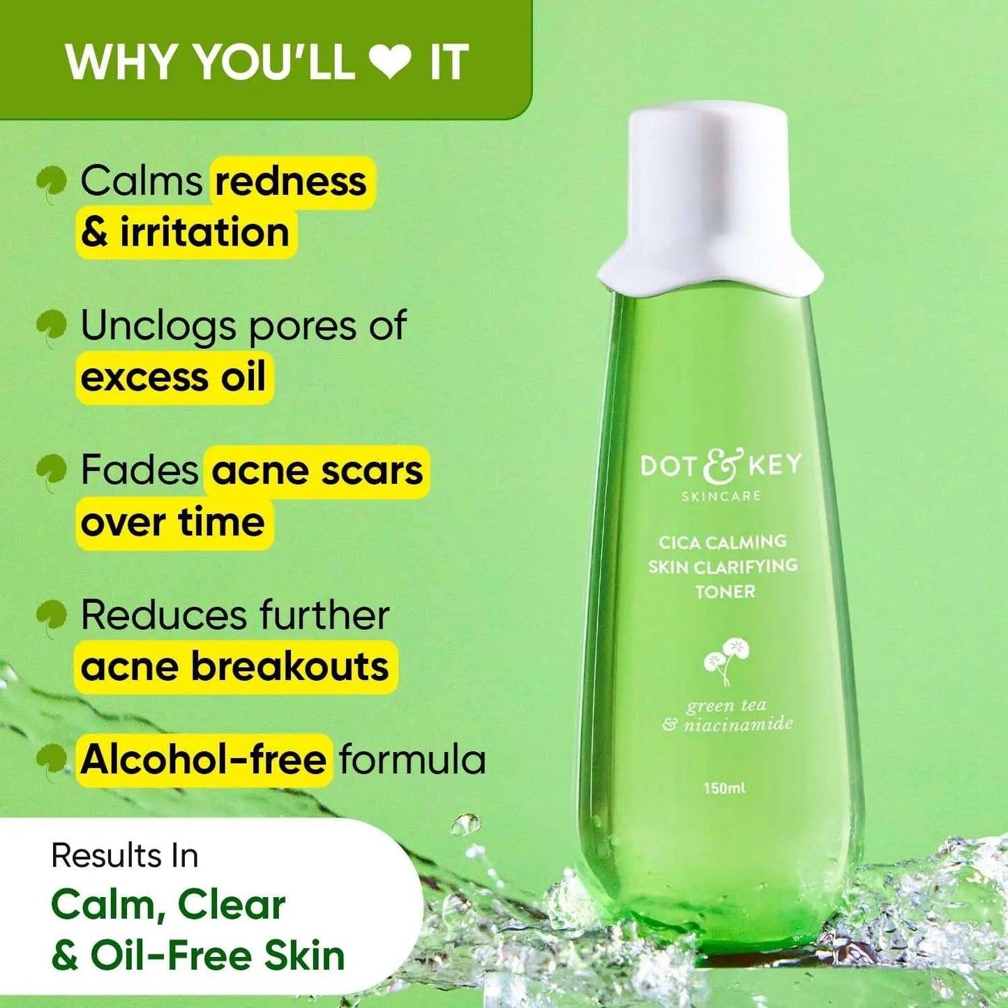 Dot & Key Cica Calming Toner 150ml for oily and sensitive skin; soothes redness, fades acne scars; with green tea and niacinamide.