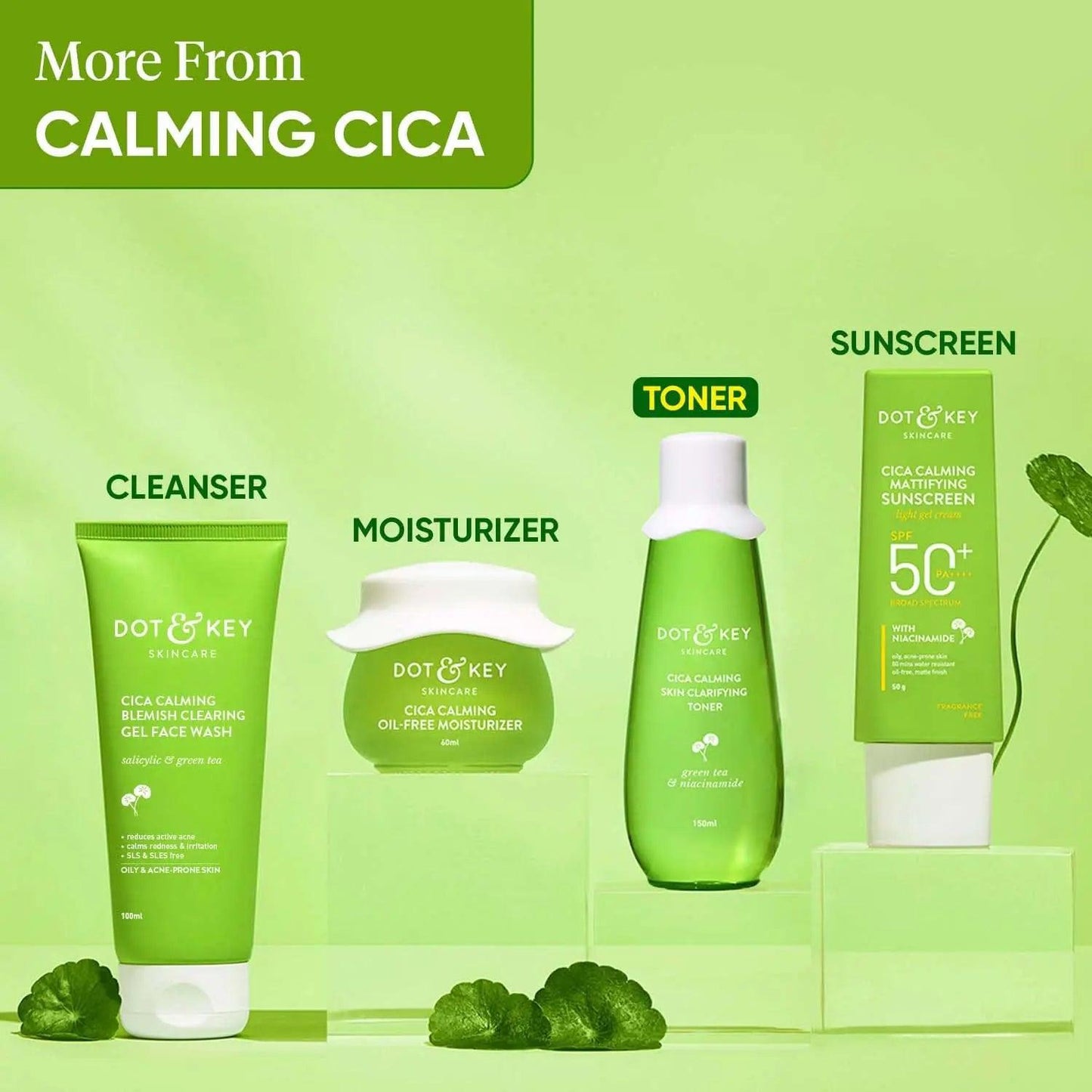 Dot & Key Cica Calming product range with cleanser, moisturizer, toner, and sunscreen for skin care routine.