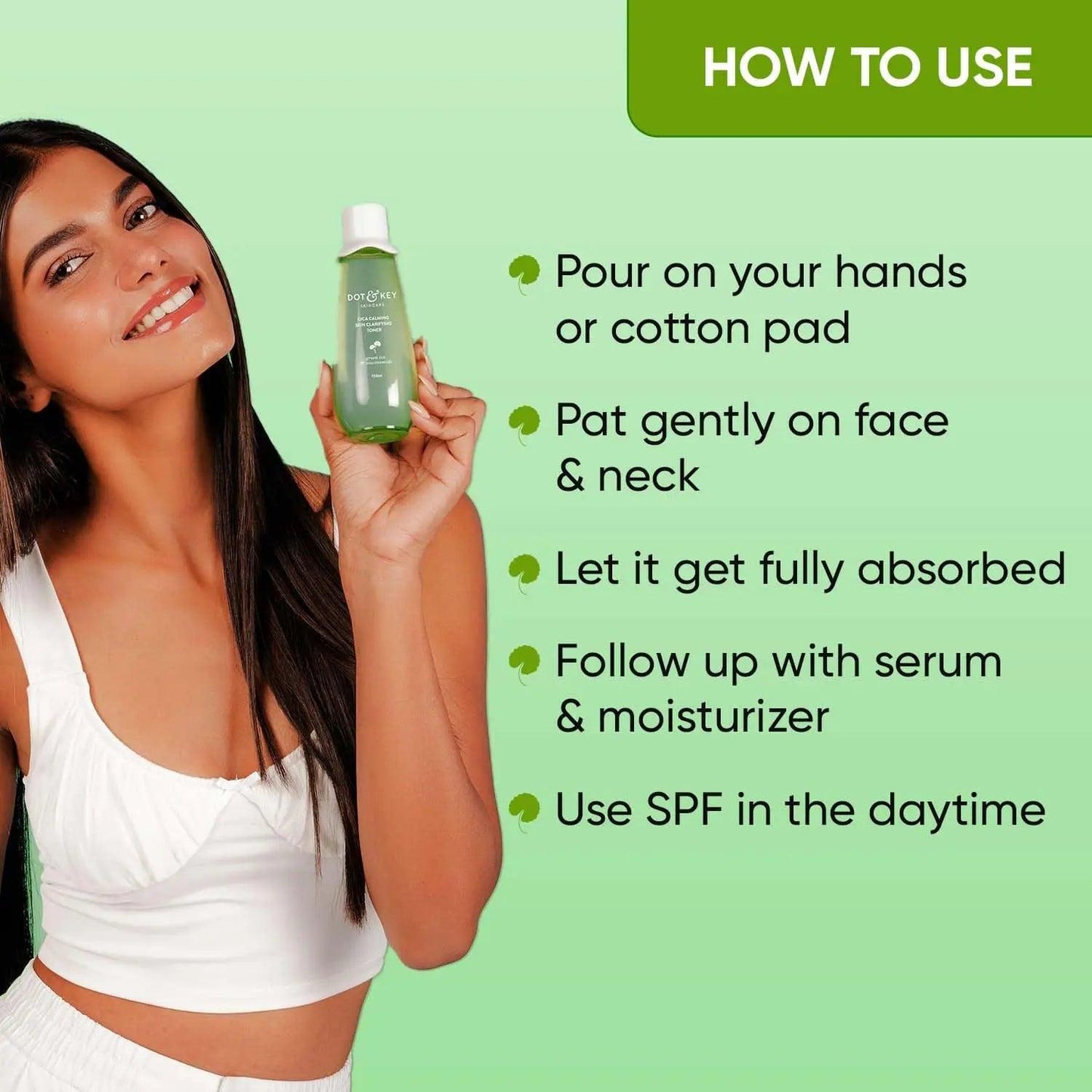 Woman holding Dot & Key Cica Calming Toner, showing usage instructions for oily, sensitive, acne-prone skin.