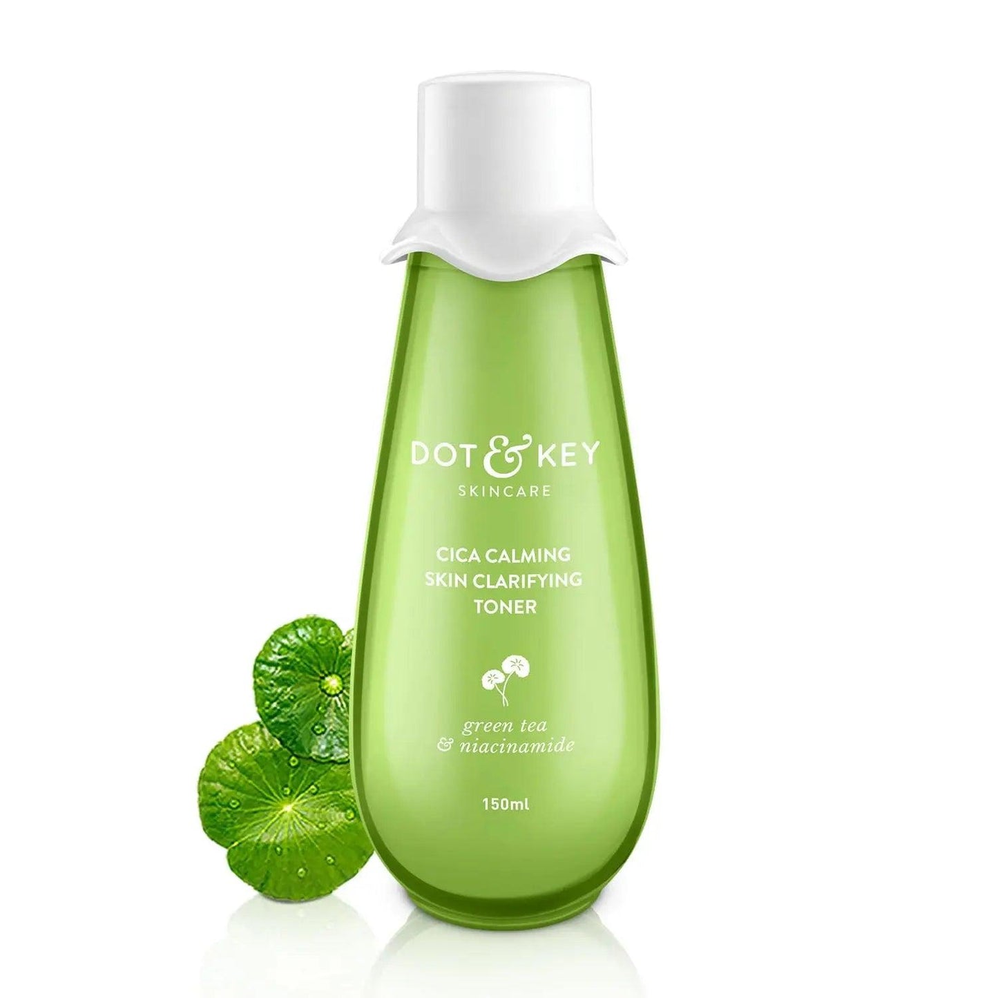 Dot & Key Cica Calming Toner 150ml bottle with Centella Asiatica leaves, for oily, sensitive, acne-prone skin, contains green tea & niacinamide.