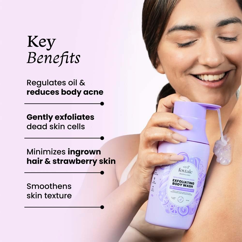 Foxtale 2% Salicylic Acid Exfoliating Body Wash with Zinc PCA – Fights Body Acne, Strawberry Skin & Ingrown Hair | Smoothens Texture in 28 Days | Shower Gel for Men & Women | 250 ml