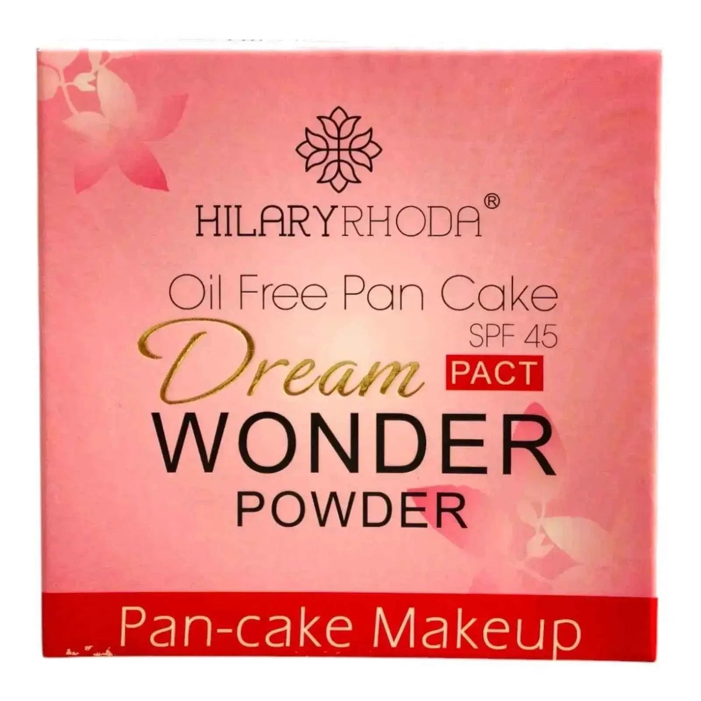 Hilary Rhoda Oil-Free Dream Wonder Powder SPF 45 packaging, pink box, shade 03, 28g, oil-free matte finish makeup.