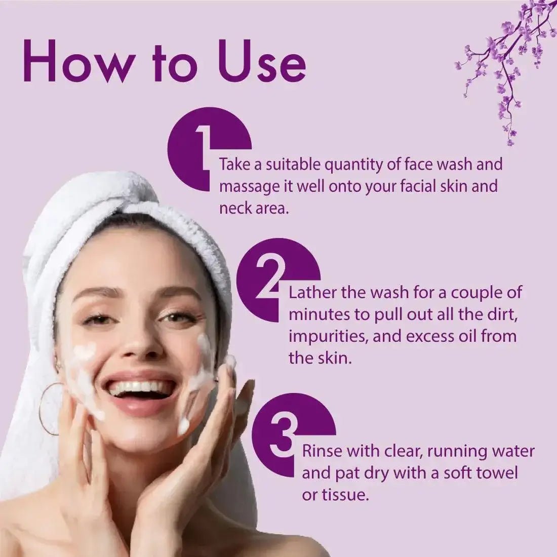 Woman using Youth Restoring Face Wash, showing steps to cleanse, lather, and rinse for radiant skin.