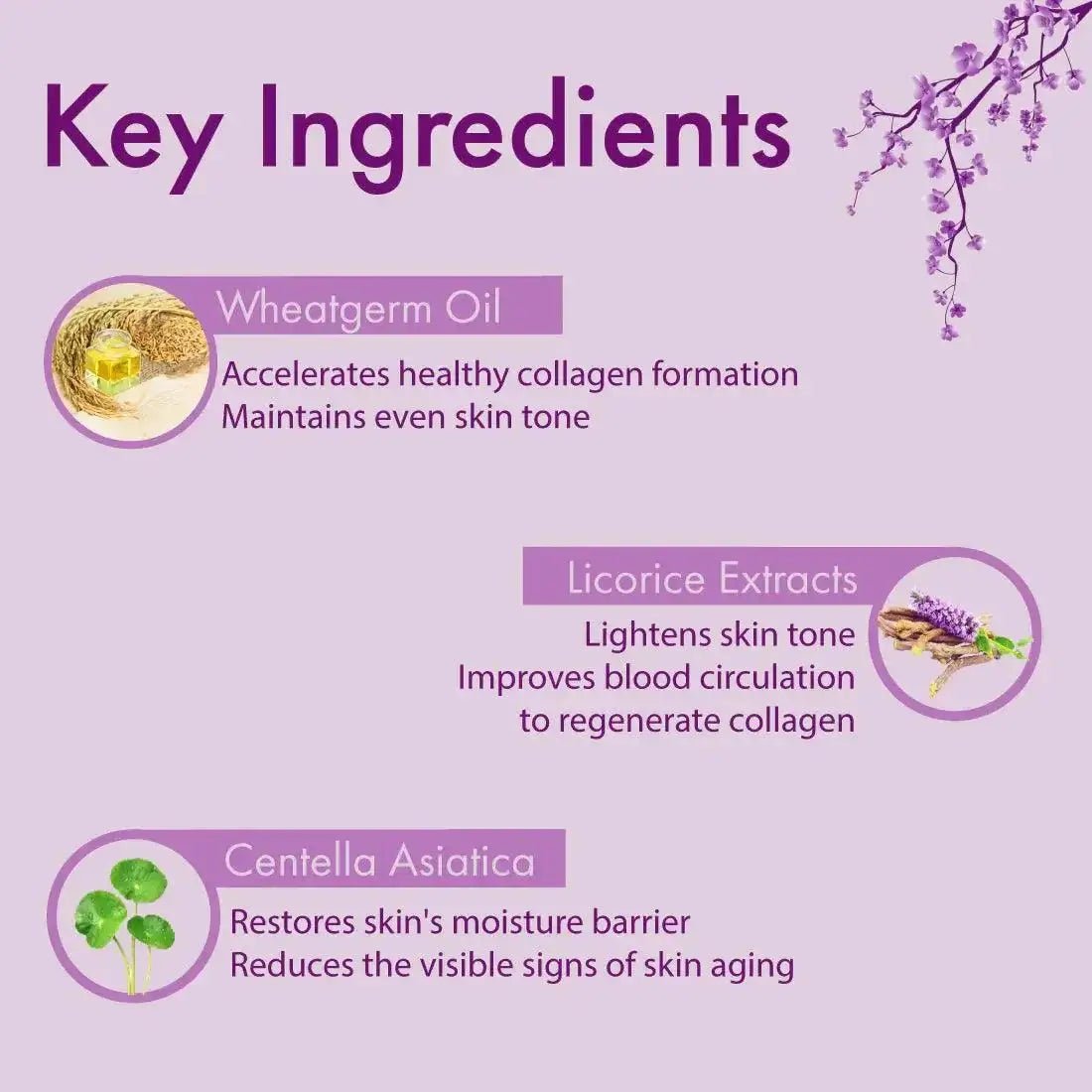 Key ingredients for Youth Restoring Face Wash: wheatgerm oil for collagen, licorice extracts for skin tone, centella asiatica for moisture.