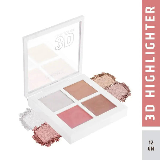 3D highlighter palette with four shades for intense glow and buildable shine. Ideal for all skin tones, long-lasting 12gm formula.