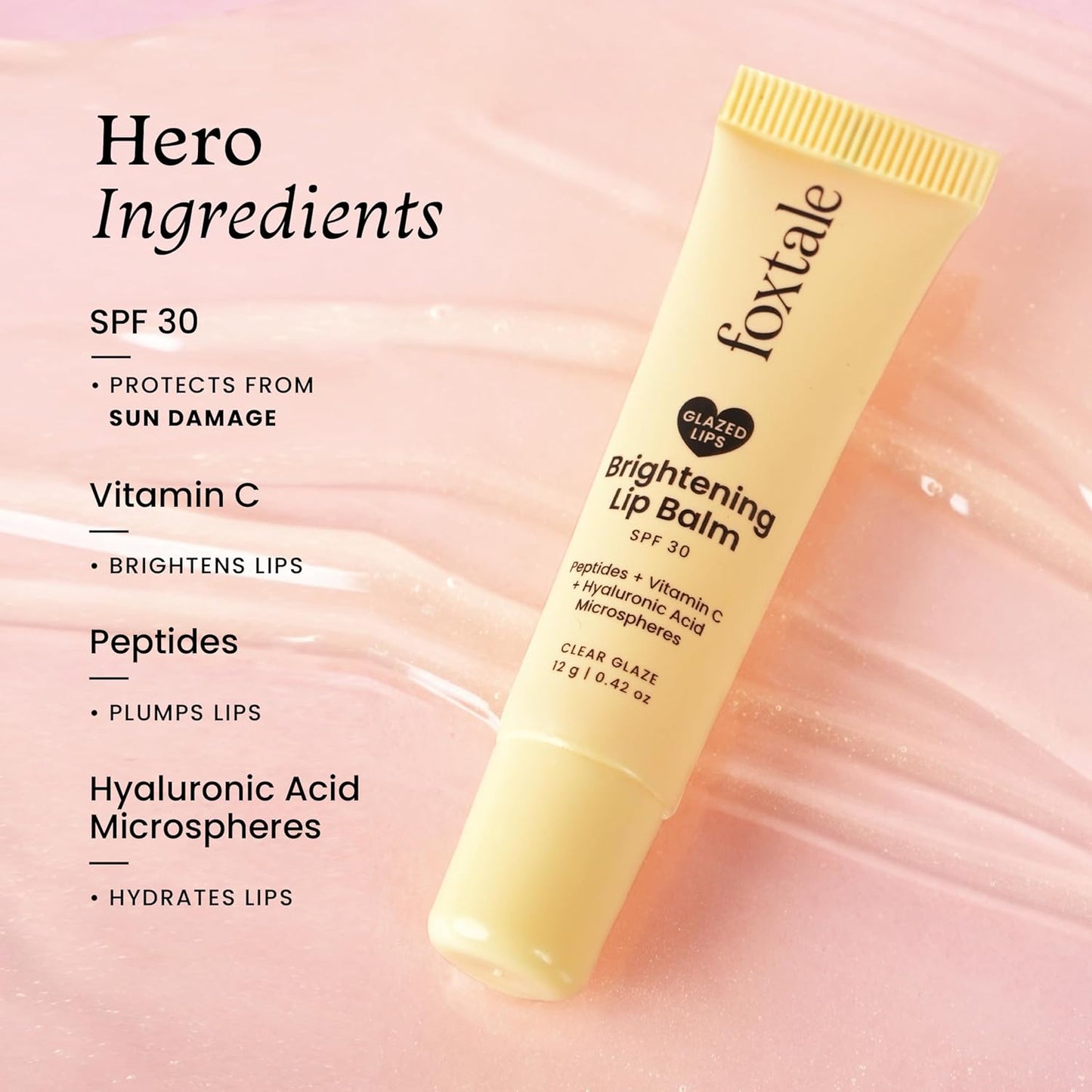 Foxtale Brightening Lip Balm SPF 30 with Peptides, Vitamin C & Hyaluronic Acid - Hydrating, Tinted Lip Balm for Pigmentation - Clear Glaze, 12gm