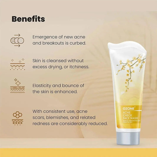 Acne Check Face Wash 100g packaging with benefits: reduces acne, cleanses without drying, enhances skin elasticity, reduces blemishes.