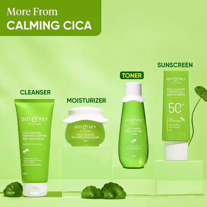 Dot & Key Cica Calming product range with cleanser, moisturizer, toner, and sunscreen for skin care routine.