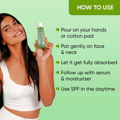 Woman holding Dot & Key Cica Calming Toner, showing usage instructions for oily, sensitive, acne-prone skin.