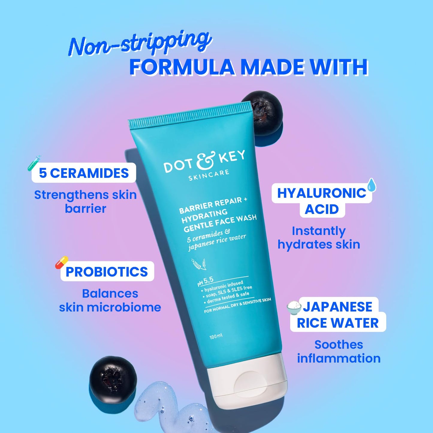 Dot & Key Barrier Repair Gentle Face Wash – 100ml | With Ceramides & Probiotics | Hydrating Cleanser for Dry, Normal & Sensitive Skin | Unisex Use