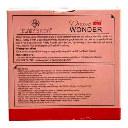 Box of Hilary Rhoda Dream Wonder Oil-Free Pan Cake SPF 45, product instructions visible.