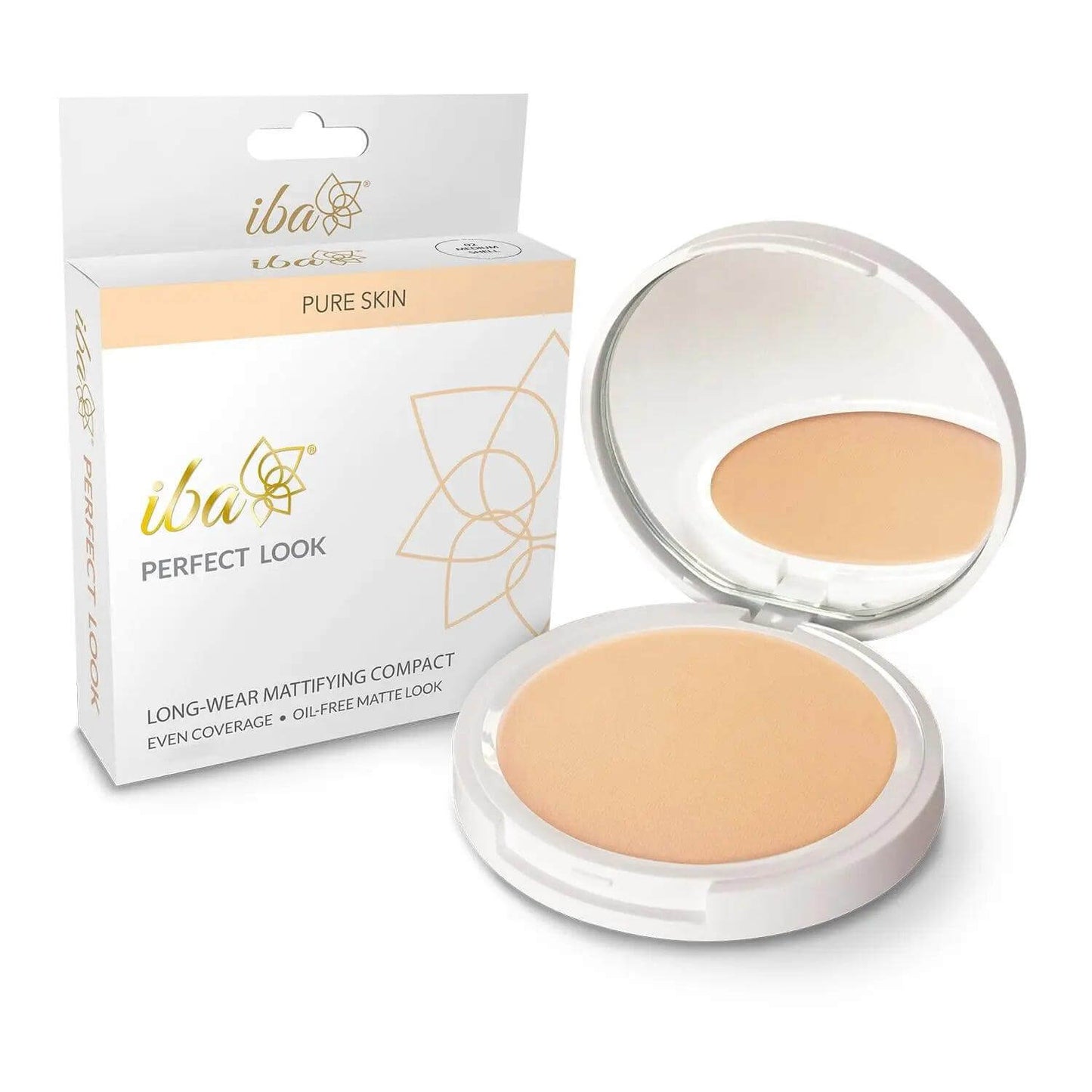 Iba Pure Skin Mattifying Compact in Medium Shell, 9g, offers long-wear, oil-free matte finish, SPF 15, even coverage; halal & vegan makeup.