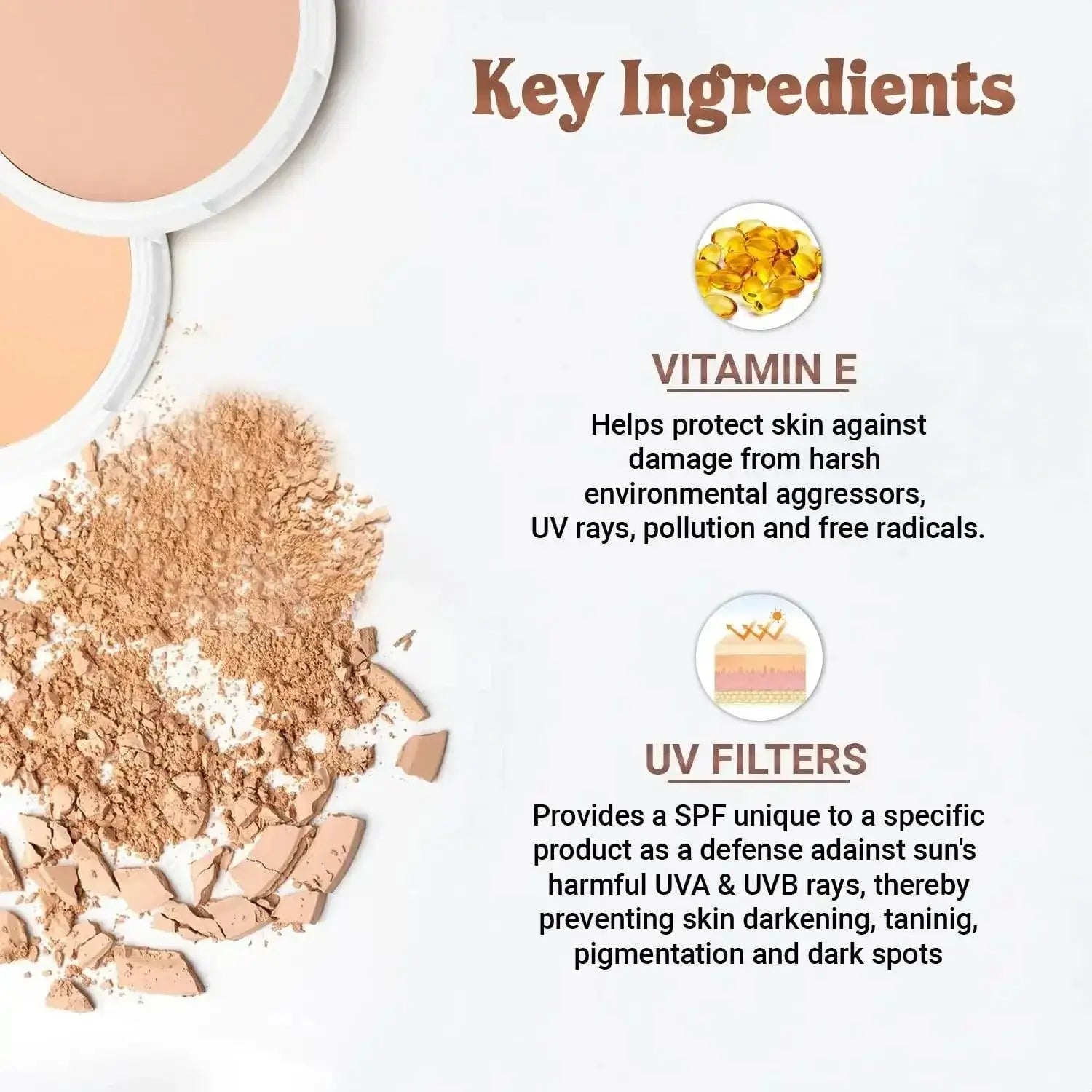 Iba Pure Skin Compact key ingredients: Vitamin E for protection and UV filters with SPF, featuring matte powder texture.