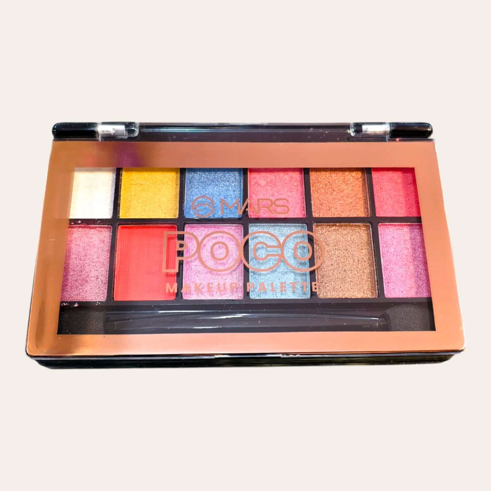 Mars Poco Makeup Palette Shade 02 featuring blush, highlighter, and eyeshadows in vibrant colors, compact and travel-friendly.