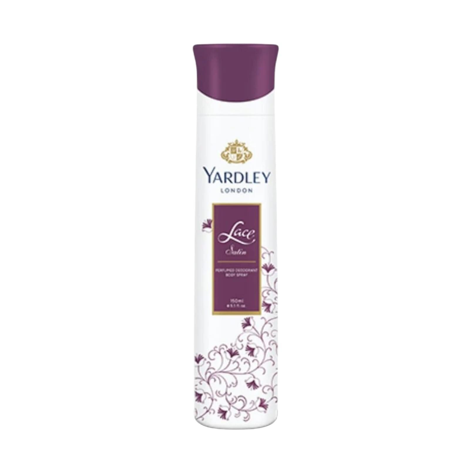 Yardley London Lace Satin Deodorant for Women 150-ML with floral design on purple and white packaging